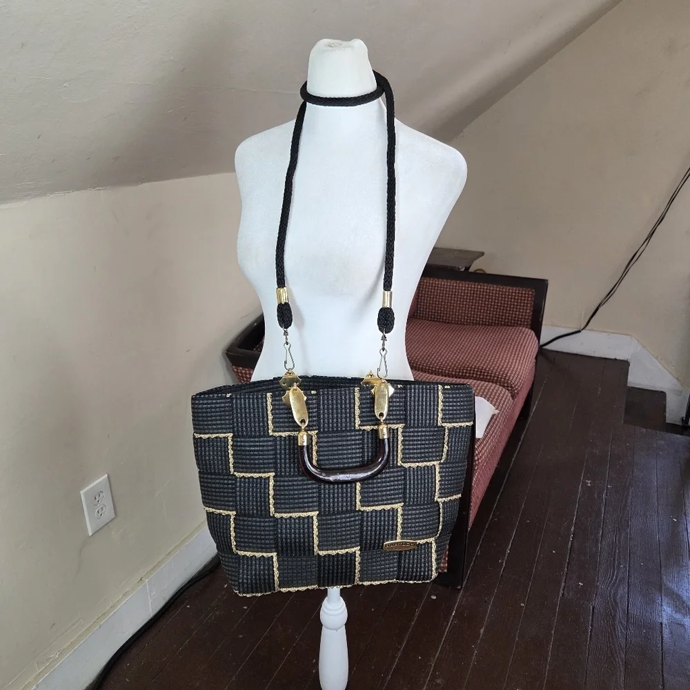 Bartucci Made in Italy Woven‎ Black Gold Tote Bag Rope Strap Top Handle